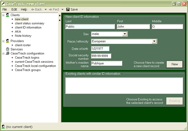 CaseTrack: screen layout